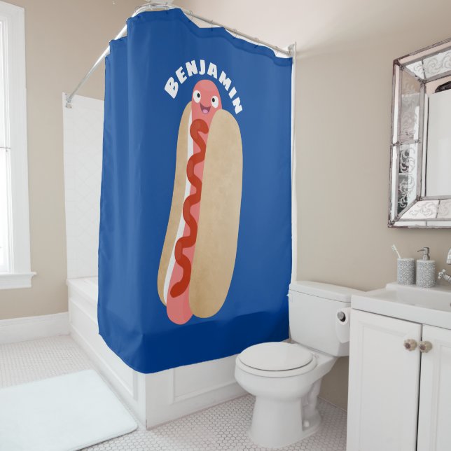 Cute funny hot dog Weiner cartoon Shower Curtain (In Situ)