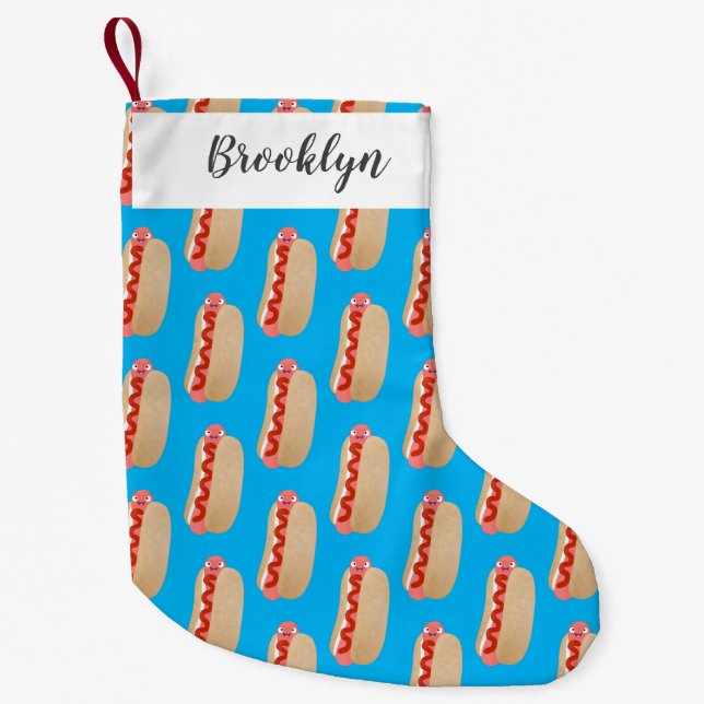 Cute funny hot dog Weiner cartoon Small Christmas Stocking (Front)