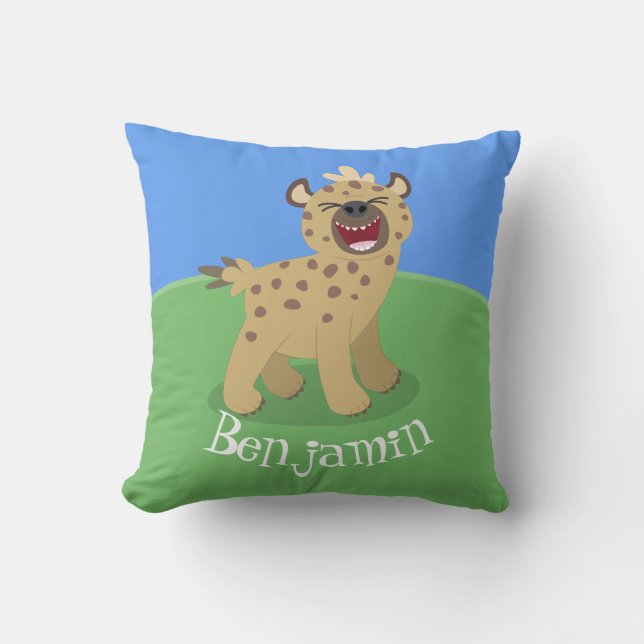 Cute funny hyena laughing cartoon illustration cushion (Front)