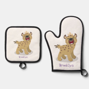 Cute funny hyena laughing cartoon illustration oven mitt & pot holder set
