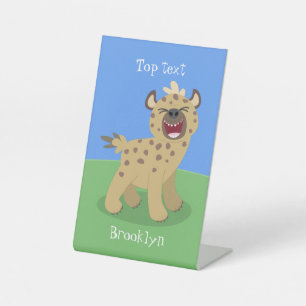 Cute funny hyena laughing cartoon illustration pedestal sign