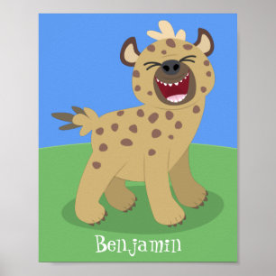 Cute funny hyena laughing cartoon illustration poster