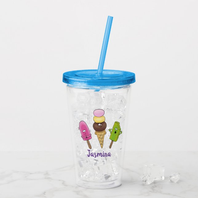 Cute funny ice cream popsicle cartoon trio acrylic tumbler (Back Ice)