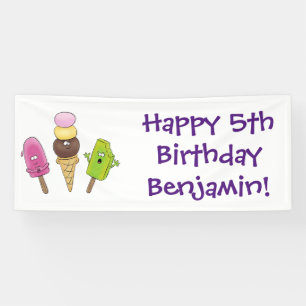 Cute funny ice cream popsicle cartoon trio banner
