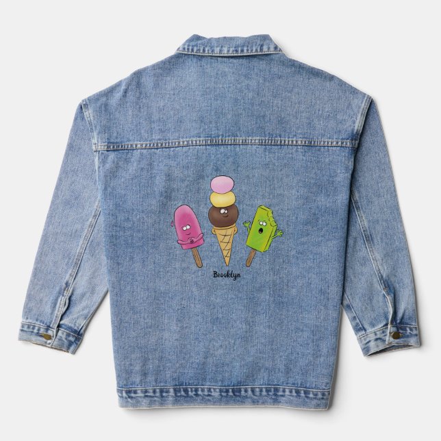 Cute funny ice cream popsicle cartoon trio denim jacket (Back)