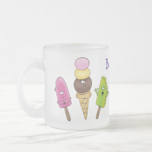 Cute funny ice cream popsicle cartoon trio frosted glass coffee mug