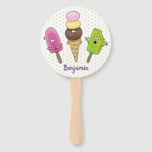 Cute funny ice cream popsicle cartoon trio hand fan (Front)