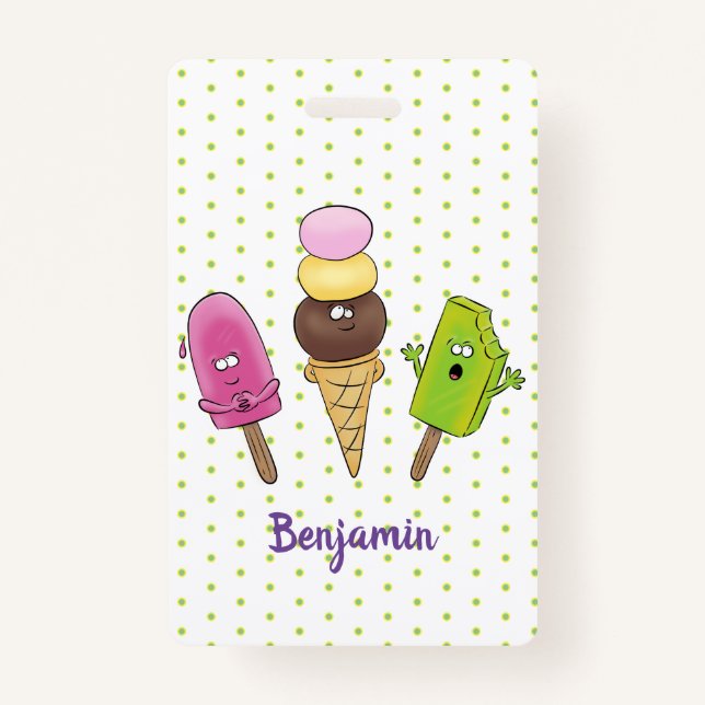 Cute funny ice cream popsicle cartoon trio ID badge (Front)