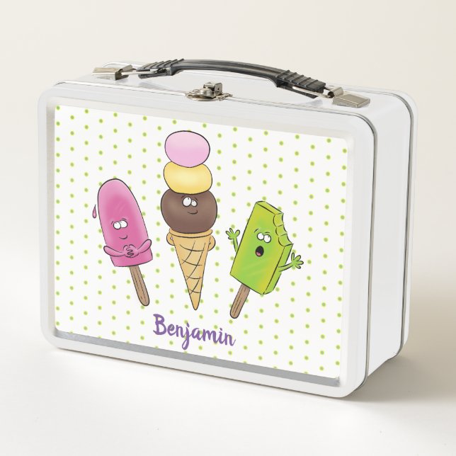 Cute funny ice cream popsicle cartoon trio metal lunch box (Front)