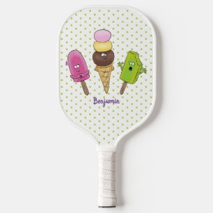 Cute funny ice cream popsicle cartoon trio  pickleball paddle