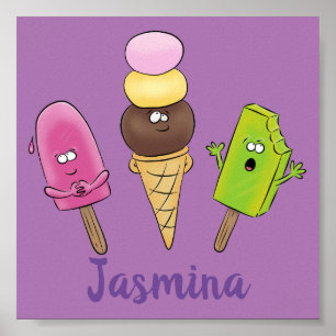 Cute funny ice cream popsicle cartoon trio poster