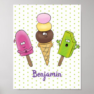 Cute funny ice cream popsicle cartoon trio poster