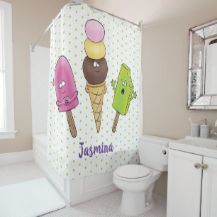 Cute funny ice cream popsicle cartoon trio shower curtain