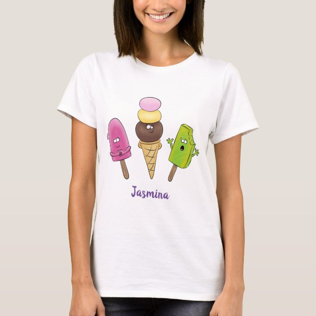 Cute funny ice cream popsicle cartoon trio T-Shirt (Front)