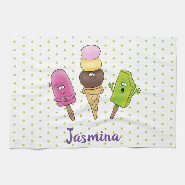 Cute funny ice cream popsicle cartoon trio tea towel (Horizontal)