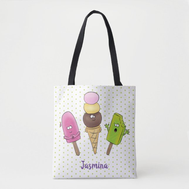 Cute funny ice cream popsicle cartoon trio tote bag (Front)