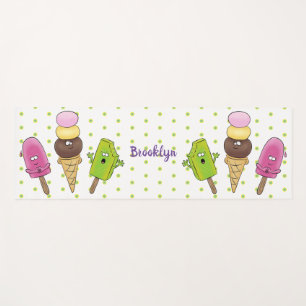 Cute funny ice cream popsicle cartoon trio yoga mat