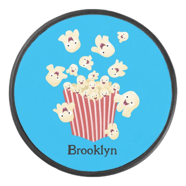 Cute funny jumping popcorn cartoon hockey puck (Front)