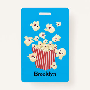 Cute funny jumping popcorn cartoon ID badge
