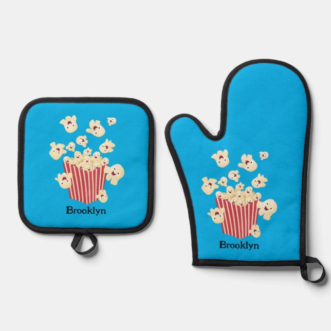 Cute funny jumping popcorn cartoon oven mitt & pot holder set (Front)