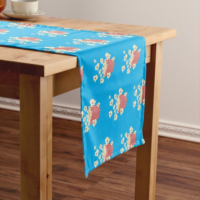 Cute funny jumping popcorn cartoon short table runner (In Situ)