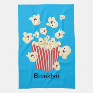Cute funny jumping popcorn cartoon tea towel