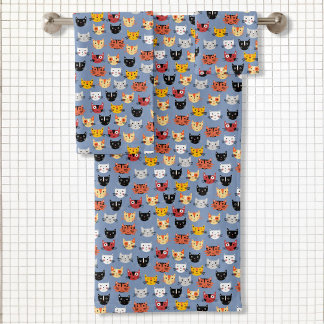 Cute Funny Kitty Cat Faces Pattern Blue Bath Towel Set