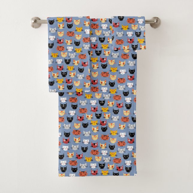 Cute Funny Kitty Cat Faces Pattern Blue Bath Towel Set (Insitu)