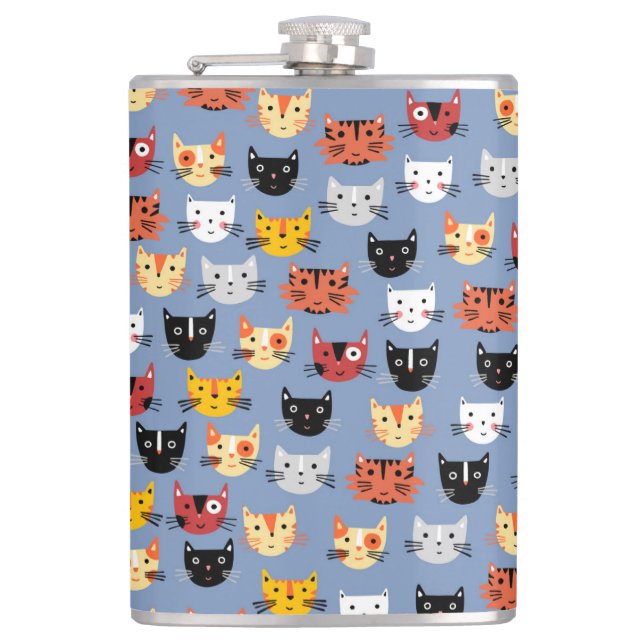 Cute Funny Kitty Cat Faces Pattern Blue Hip Flask (Front)