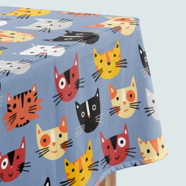 Cute Funny Kitty Cat Faces Pattern Blue Tablecloth (Creator Uploaded)