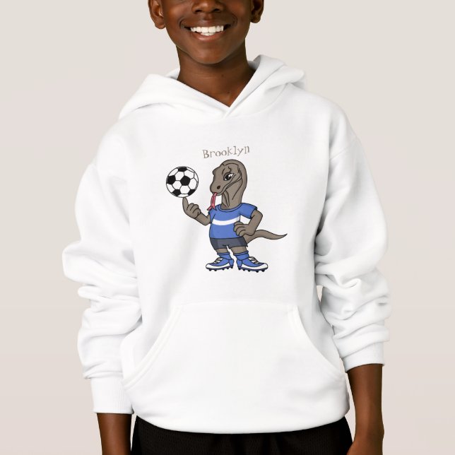 Cute funny Komodo dragon playing soccer cartoon (Front)