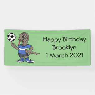 Cute funny Komodo dragon playing soccer cartoon Banner