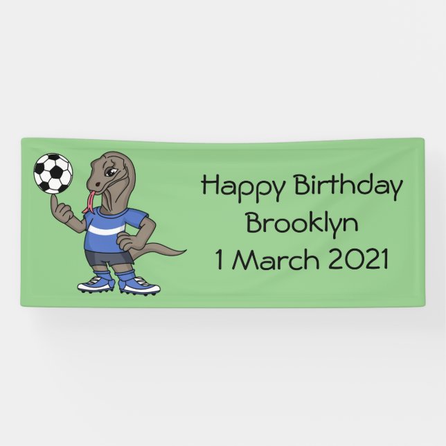 Cute funny Komodo dragon playing soccer cartoon Banner (Horizontal)