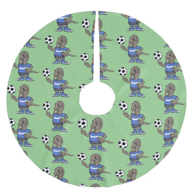 Cute funny Komodo dragon playing soccer cartoon Brushed Polyester Tree Skirt (Front)