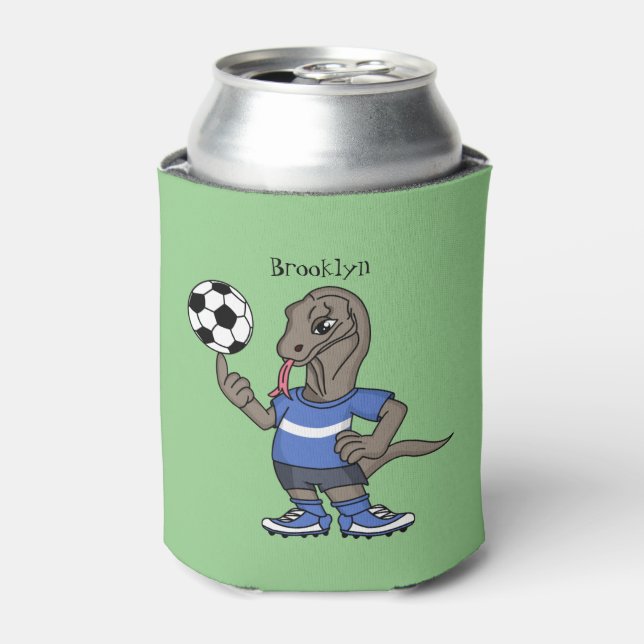 Cute funny Komodo dragon playing soccer cartoon Can Cooler (Can Front)