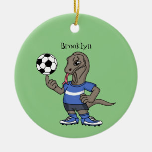 Cute funny Komodo dragon playing soccer cartoon Ceramic Tree Decoration