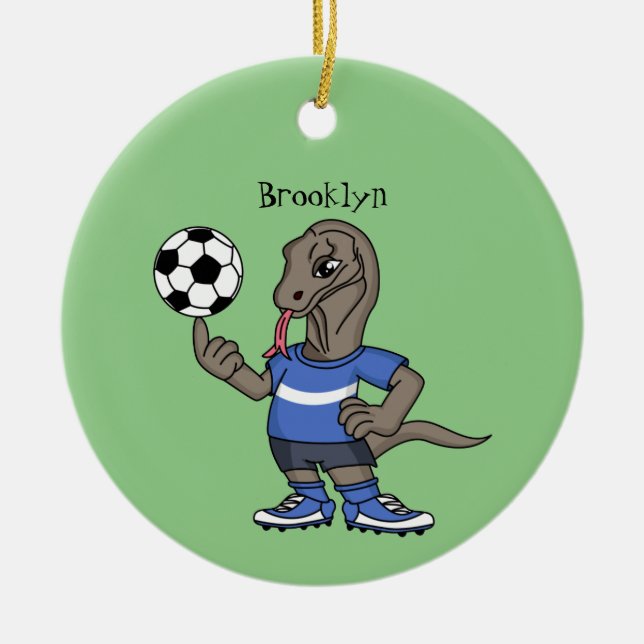 Cute funny Komodo dragon playing soccer cartoon Ceramic Tree Decoration (Front)