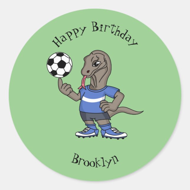 Cute funny Komodo dragon playing soccer cartoon Classic Round Sticker (Front)