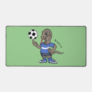 Cute funny Komodo dragon playing soccer cartoon Desk Mat