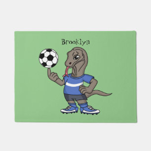 Cute funny Komodo dragon playing soccer cartoon Doormat
