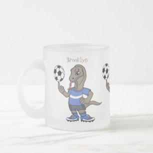 Cute funny Komodo dragon playing soccer cartoon Frosted Glass Coffee Mug