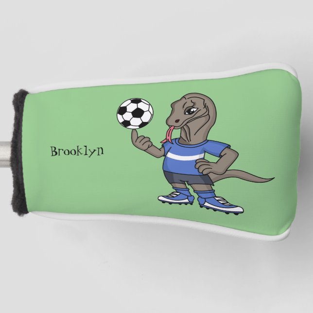 Cute funny Komodo dragon playing soccer cartoon Golf Head Cover (Front)