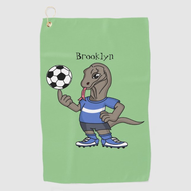 Cute funny Komodo dragon playing soccer cartoon Golf Towel (Front)