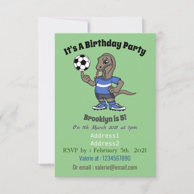 Cute funny Komodo dragon playing soccer cartoon Invitation (Front)