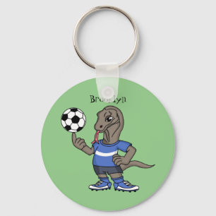 Cute funny Komodo dragon playing soccer cartoon Key Ring