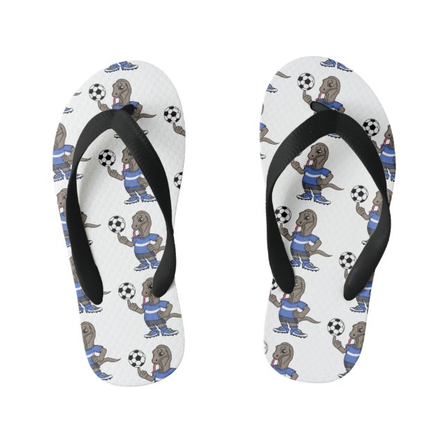 Cute funny Komodo dragon playing soccer cartoon Kid's Flip Flops (Footbed)