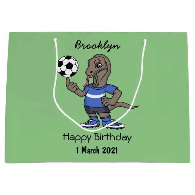 Cute funny Komodo dragon playing soccer cartoon Large Gift Bag (Front)
