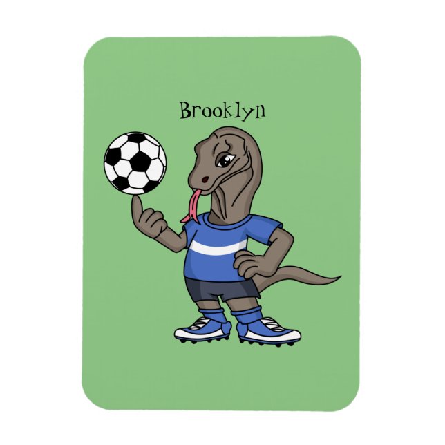 Cute funny Komodo dragon playing soccer cartoon Magnet (Vertical)
