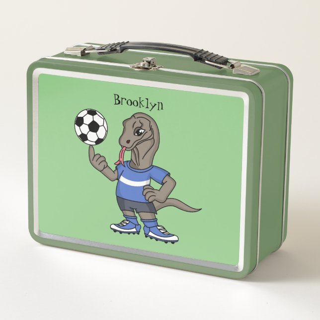 Cute funny Komodo dragon playing soccer cartoon Metal Lunch Box (Front)