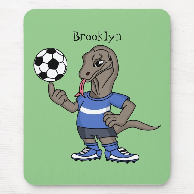 Cute funny Komodo dragon playing soccer cartoon Mouse Mat (Front)